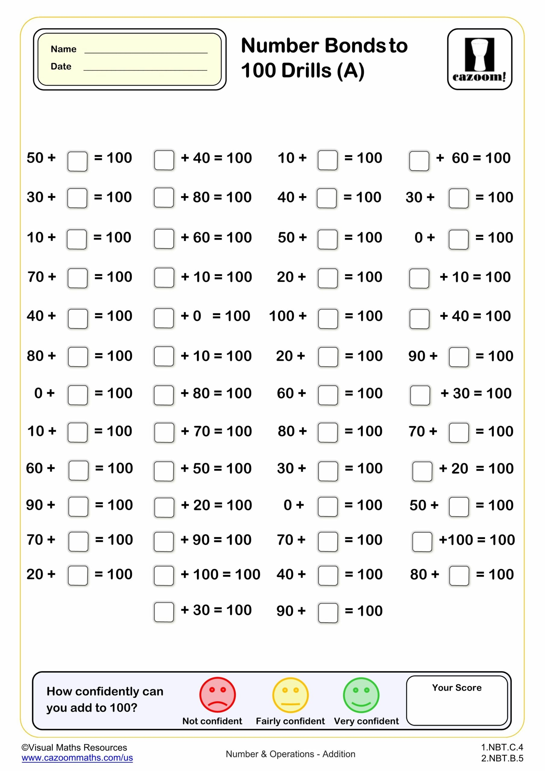 Number Bond To 100 Drills B 50 Questions PDF Printable Addition Worksheets Cazoom Math Number Bond To 100 Drills B 50 Questions PDF Printable Addition Worksheets Cazoom Math