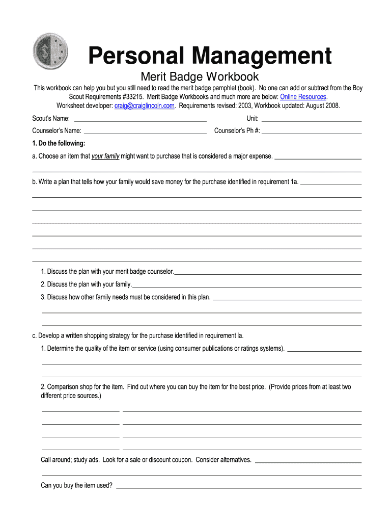Personal Management Merit Badge Workbook Fill Out Sign Online Worksheets Library