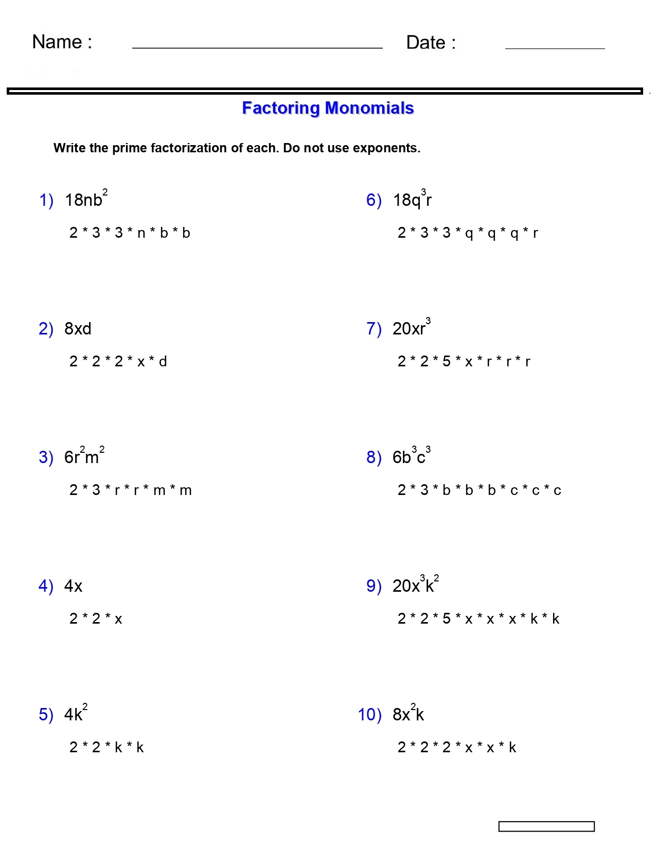 factorization of polynomials worksheet