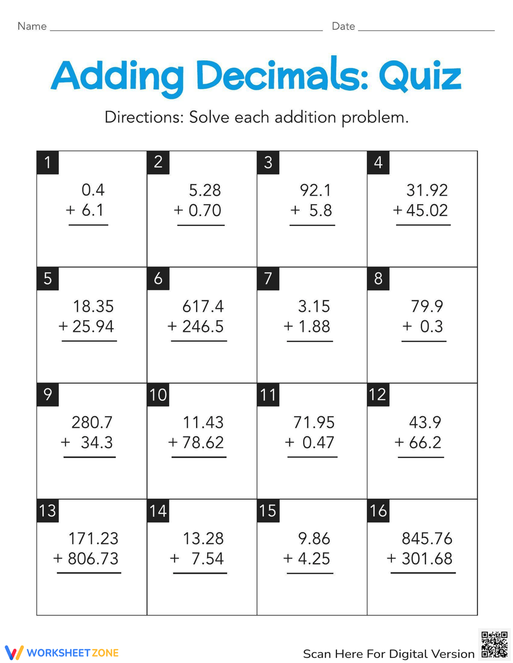 Printable Adding Decimals Worksheets