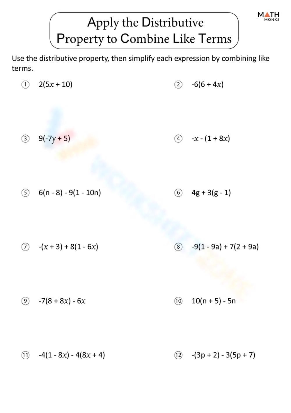 Printable Combining Like Terms Worksheets Printable Combining Like Terms Worksheets