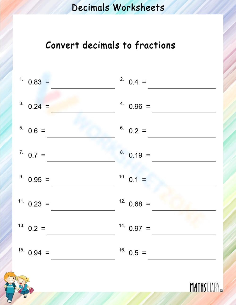 Printable Converting Decimals To Fractions Worksheets Printable Converting Decimals To Fractions Worksheets