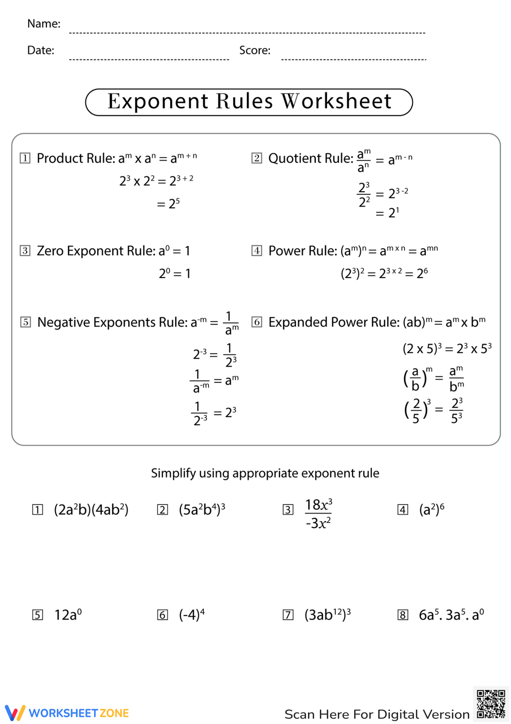 Printable Exponent Rules Review Worksheets