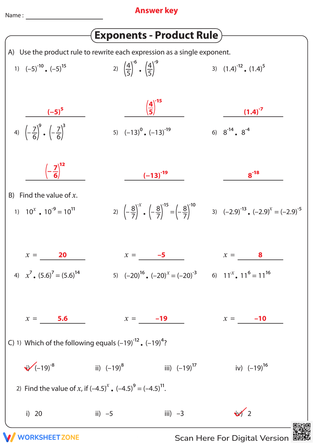 exponent rules worksheet