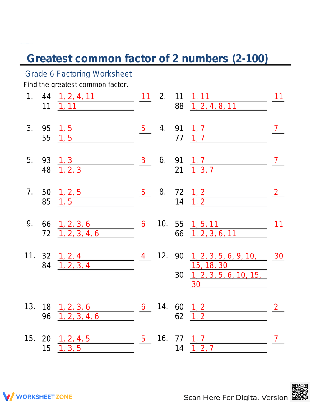 greatest common factor worksheets