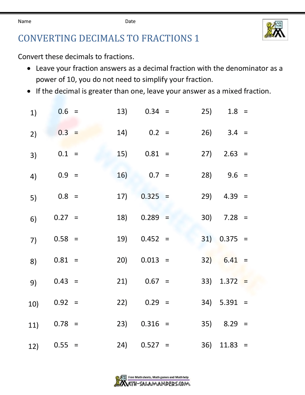 converting from fractions to decimals worksheet converting from fractions to decimals worksheet