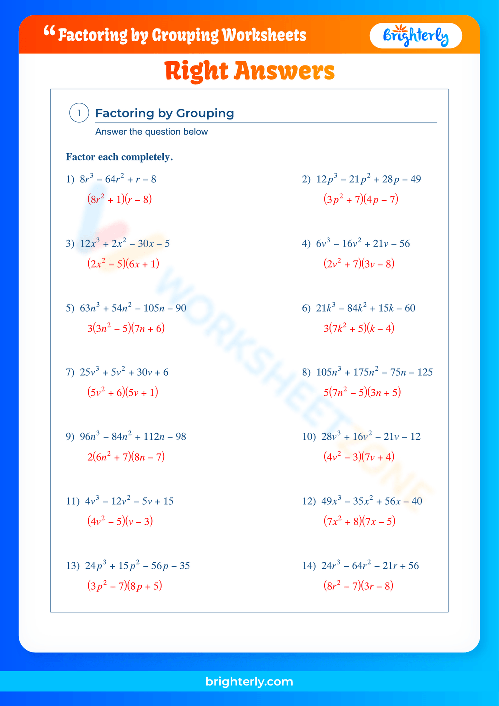 Printable Grade 8 Factoring By Grouping Worksheets
