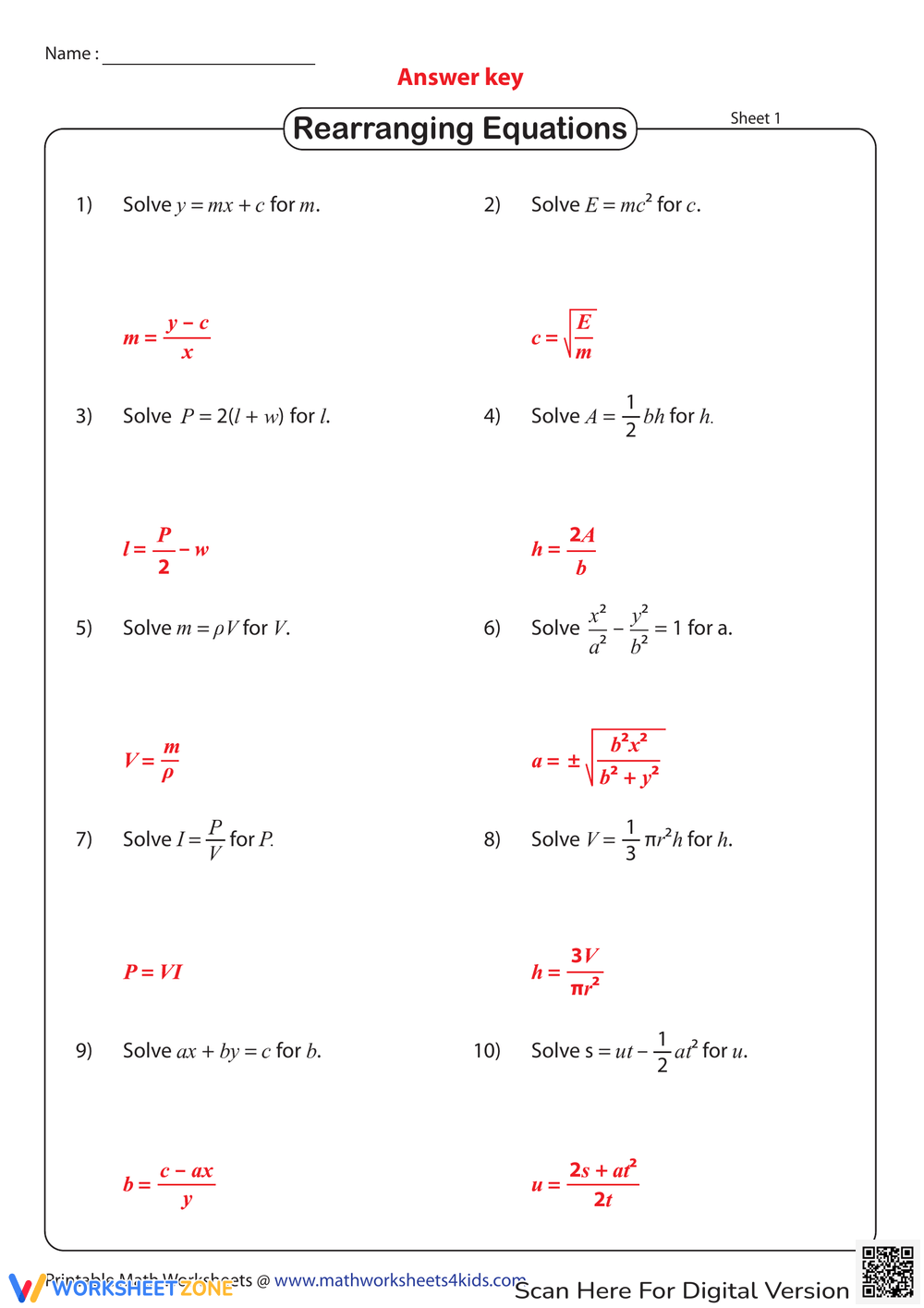 Printable Grade 8 Solving Literal Equations Worksheets Printable Grade 8 Solving Literal Equations Worksheets