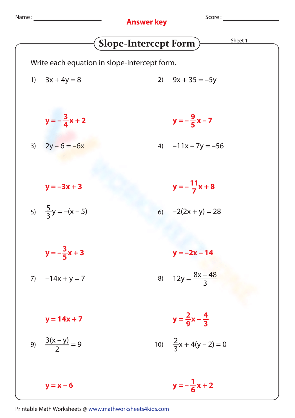 Printable Slope Intercept Form Fill In The Blanks Worksheets Download Printable Slope Intercept Form Fill In The Blanks Worksheets Download
