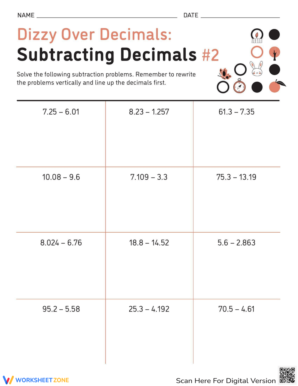 subtracting decimals worksheet