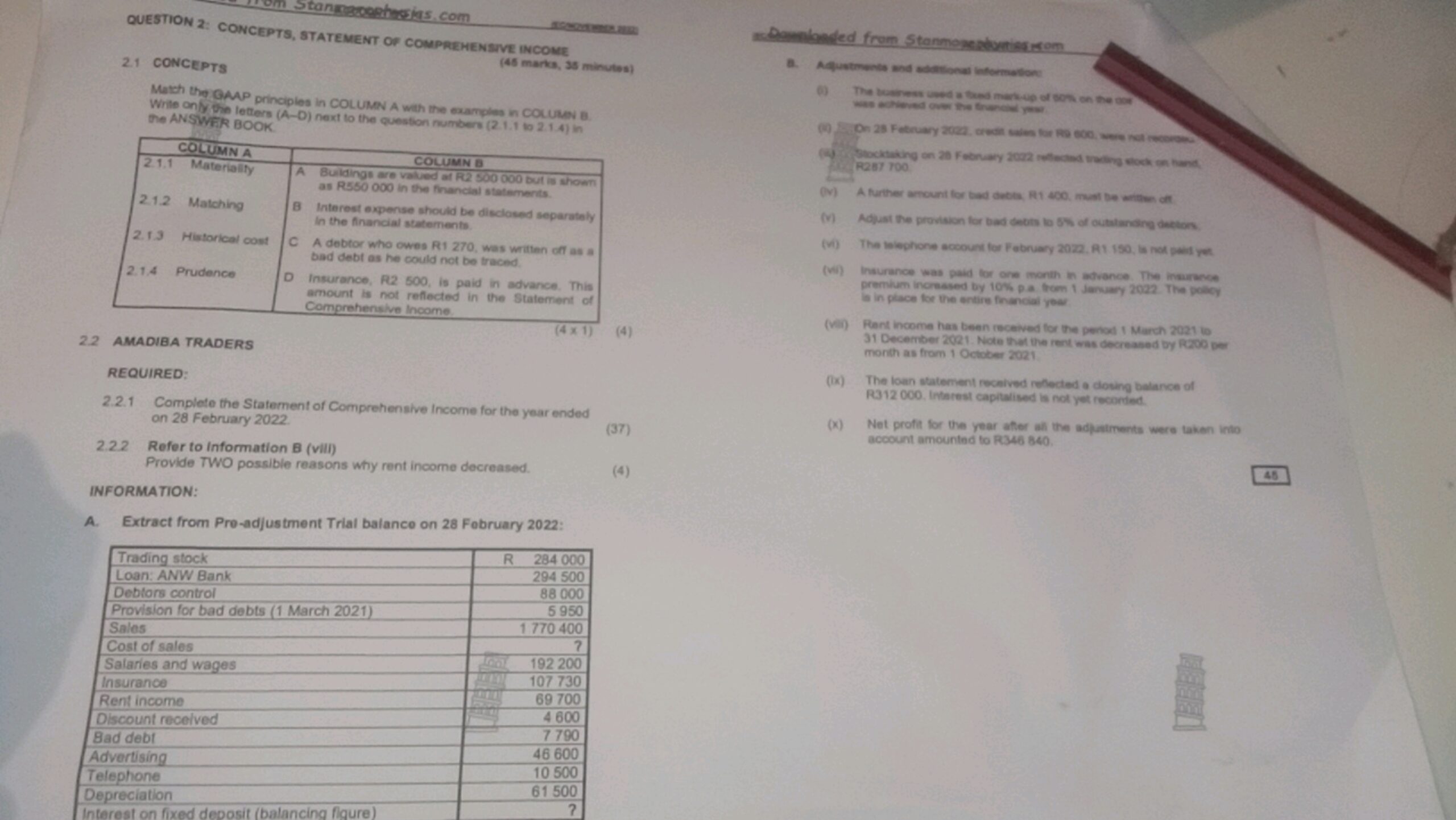 QUESTION 2 CONCEPTS STATEMENT OF COMPREHENSIVE INCOME 45 Marks 35 Mi QUESTION 2 CONCEPTS STATEMENT OF COMPREHENSIVE INCOME 45 Marks 35 Mi
