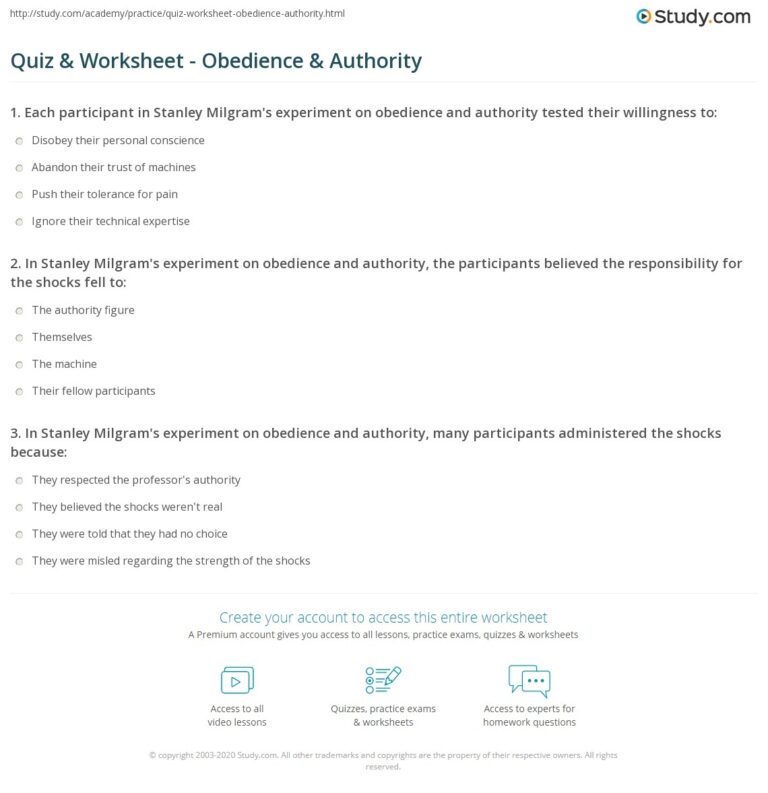 Quiz Worksheet Obedience Authority Study