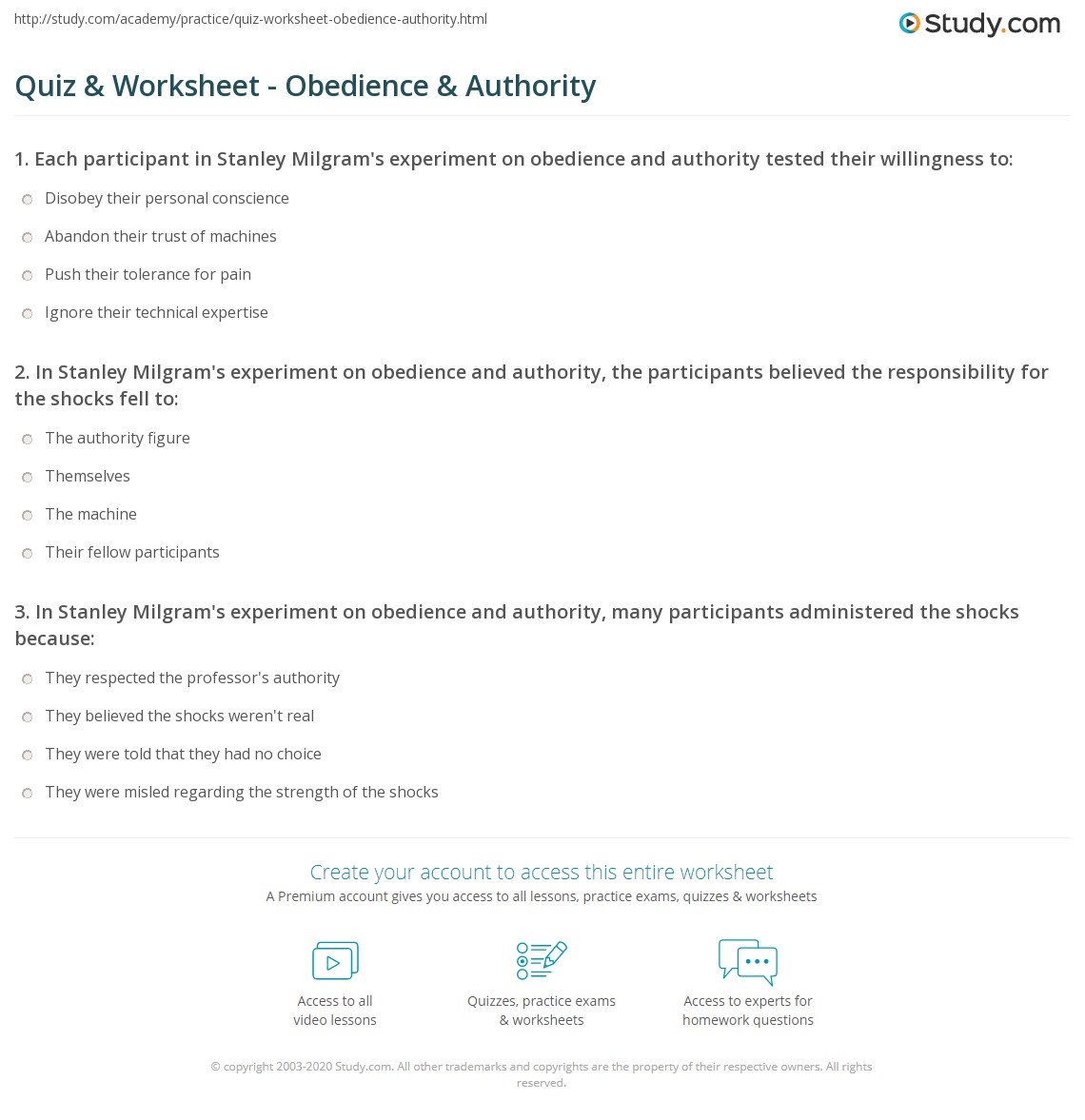Quiz Worksheet Obedience Authority Study Quiz Worksheet Obedience Authority Study