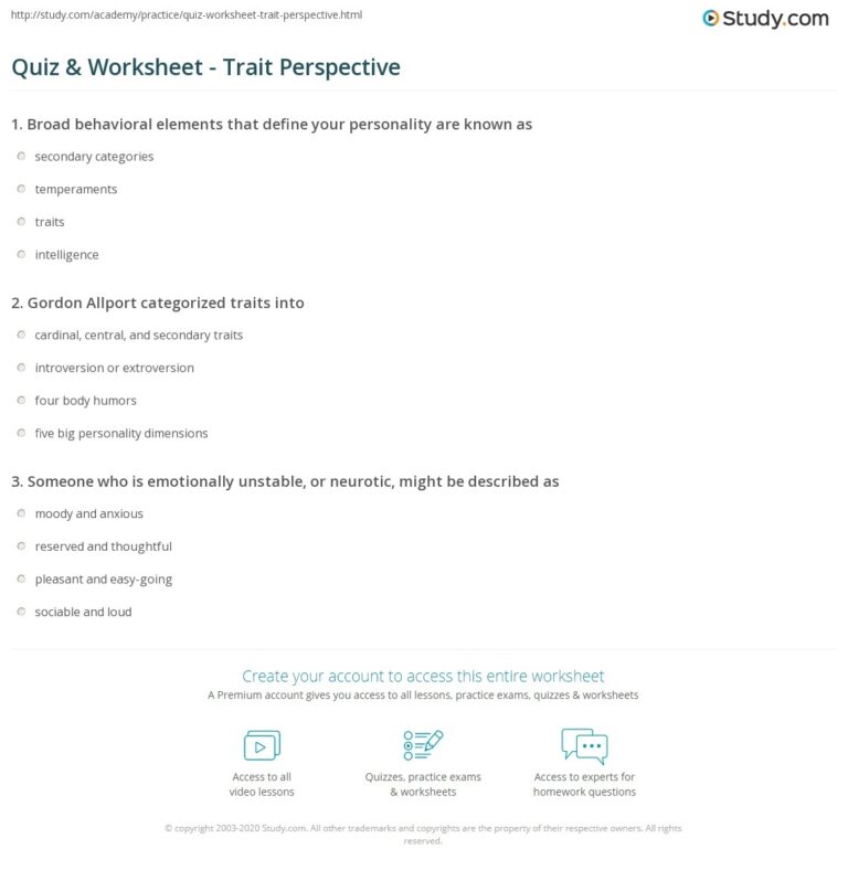 Quiz Worksheet Trait Perspective Study