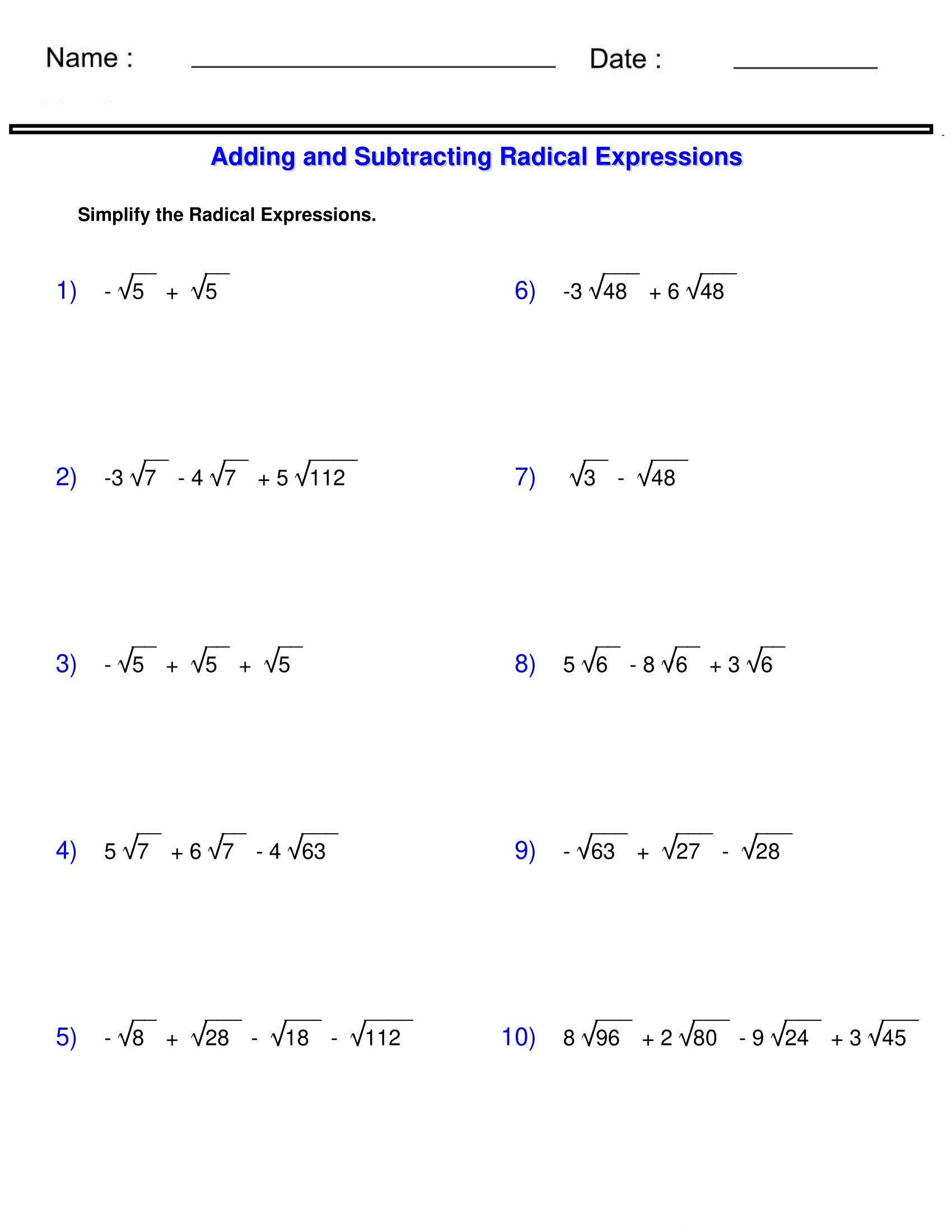 simplifying radicals worksheet