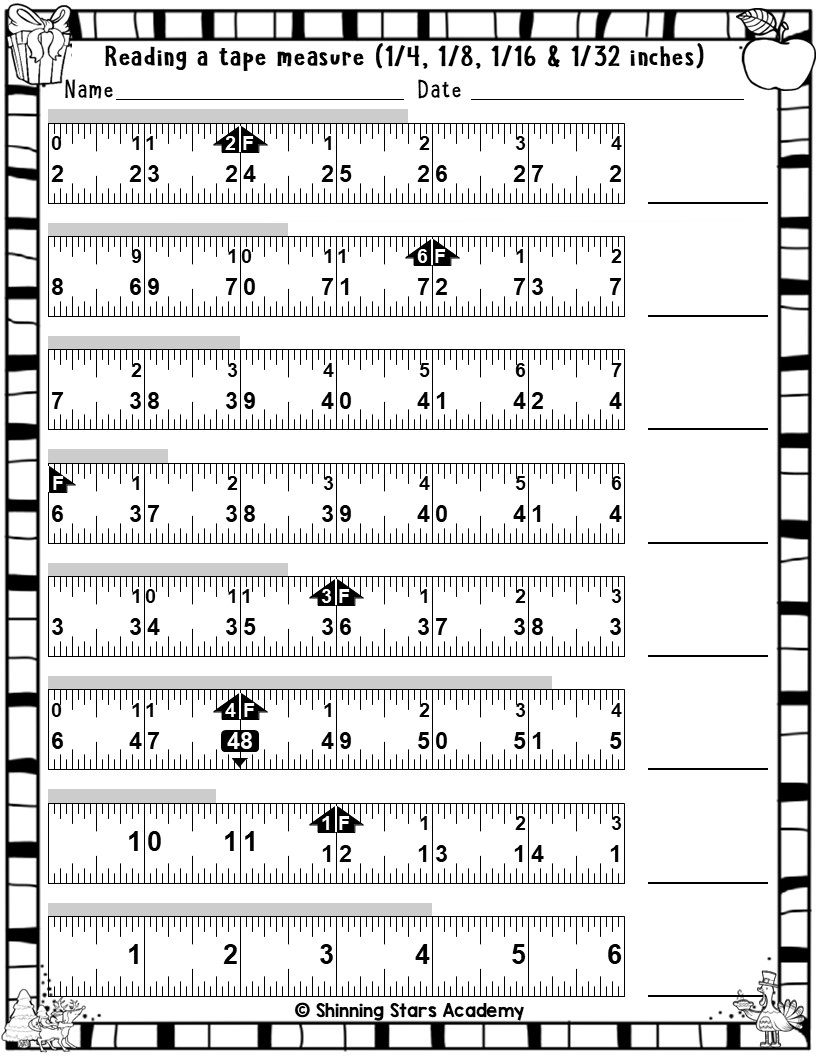 Reading A Tape Measure 1 4 1 8 1 16 1 32 Inches Worksheets Advanced Measurement Practice Teaching Resources