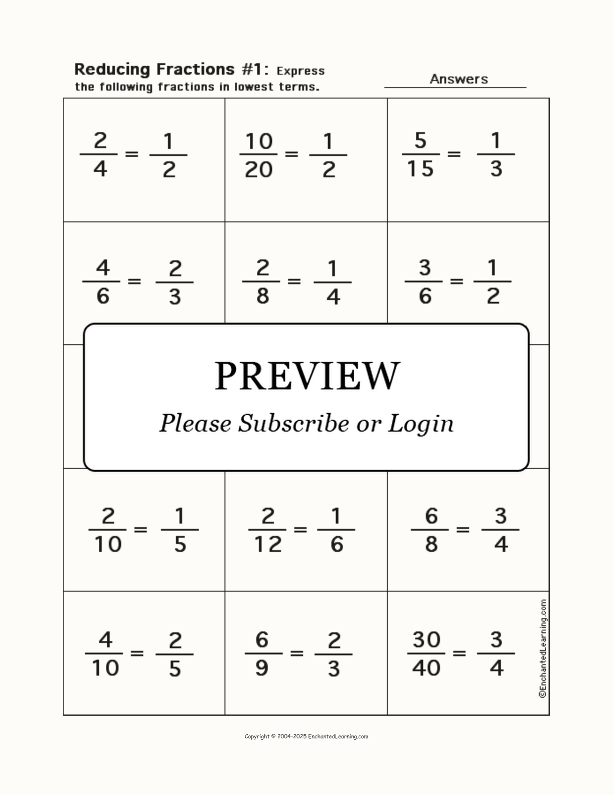 Reducing Fractions Worksheet 1 Enchanted Learning