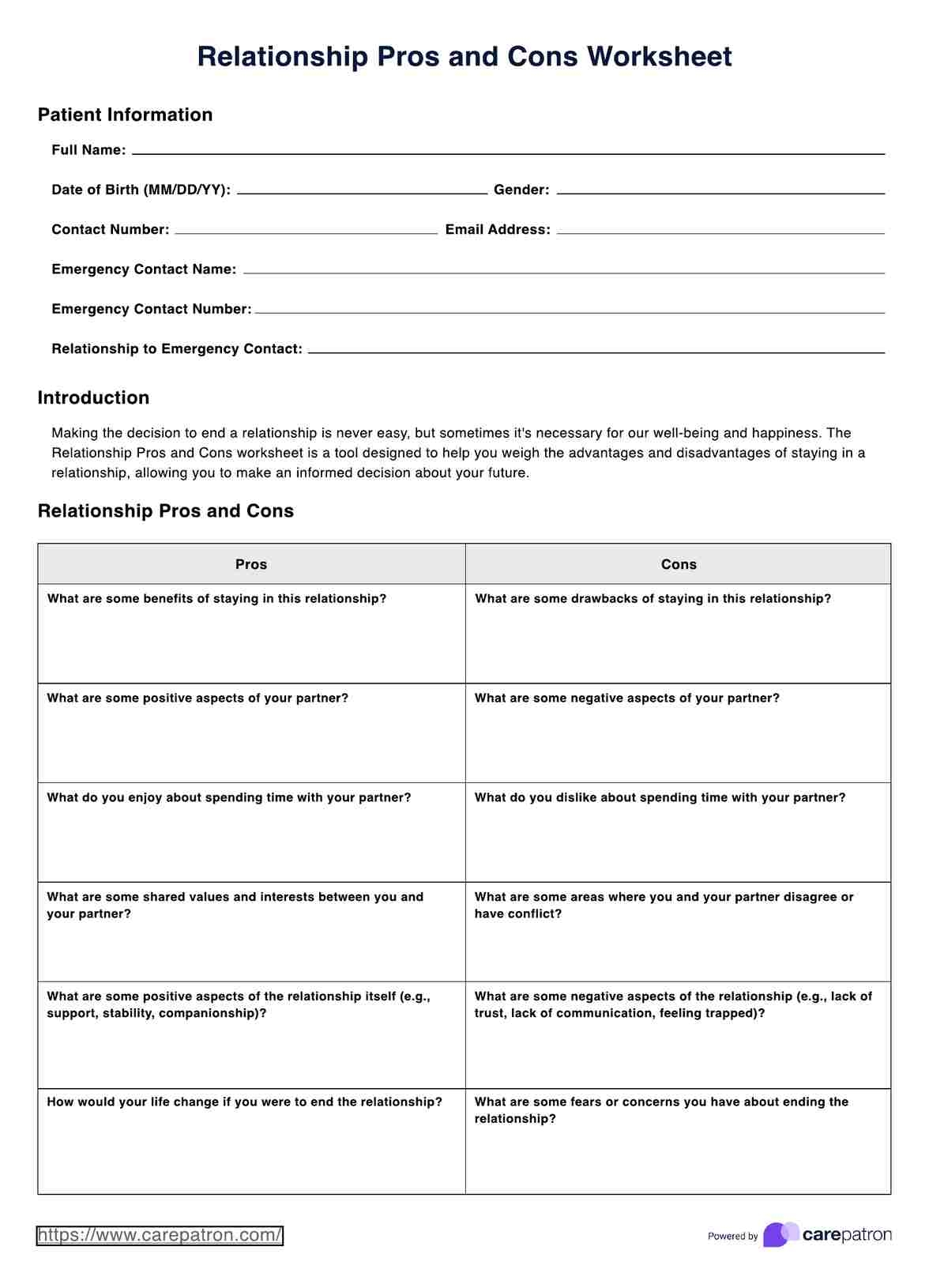 Relationship Pros And Cons Worksheet Relationship Pros And Cons Worksheet