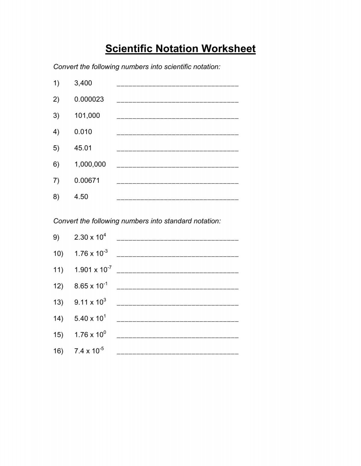 Scientific Notation Worksheet