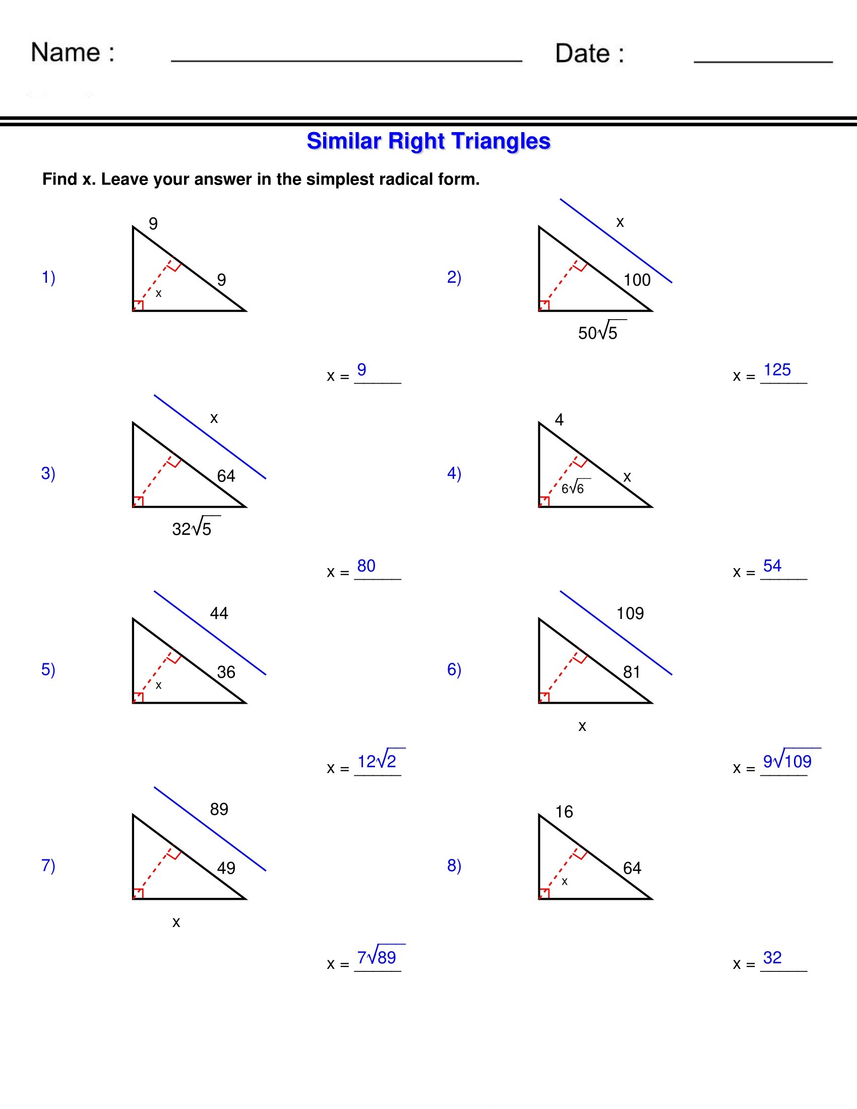 Similar Right Triangles Worksheets Similarity Worksheets Made By Teachers