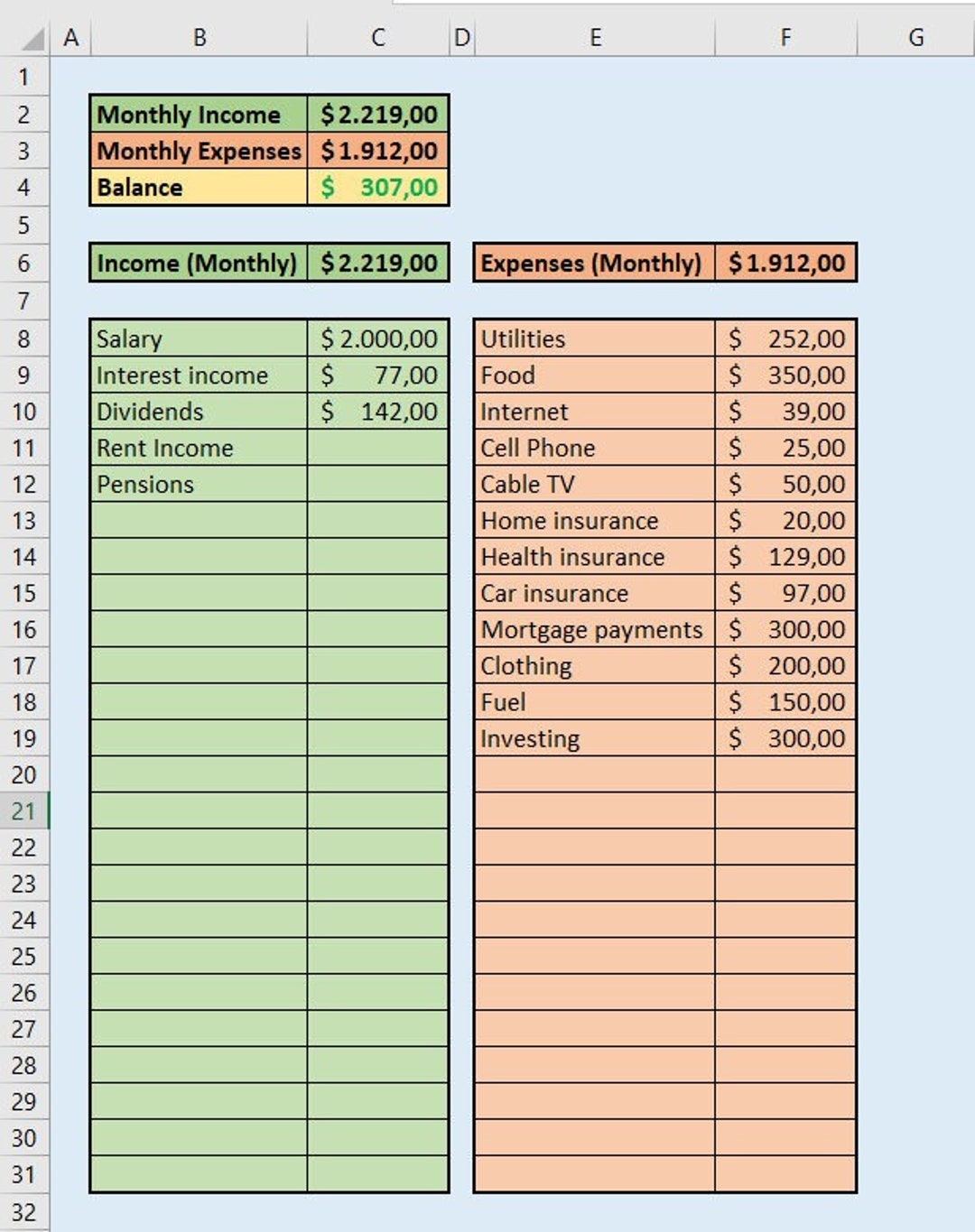 Simple Personal Monthly Income And Expenses Statement In Excel Easy Monthly Budget Spreadsheet W Built in Calculation Diff Currencies Etsy Israel