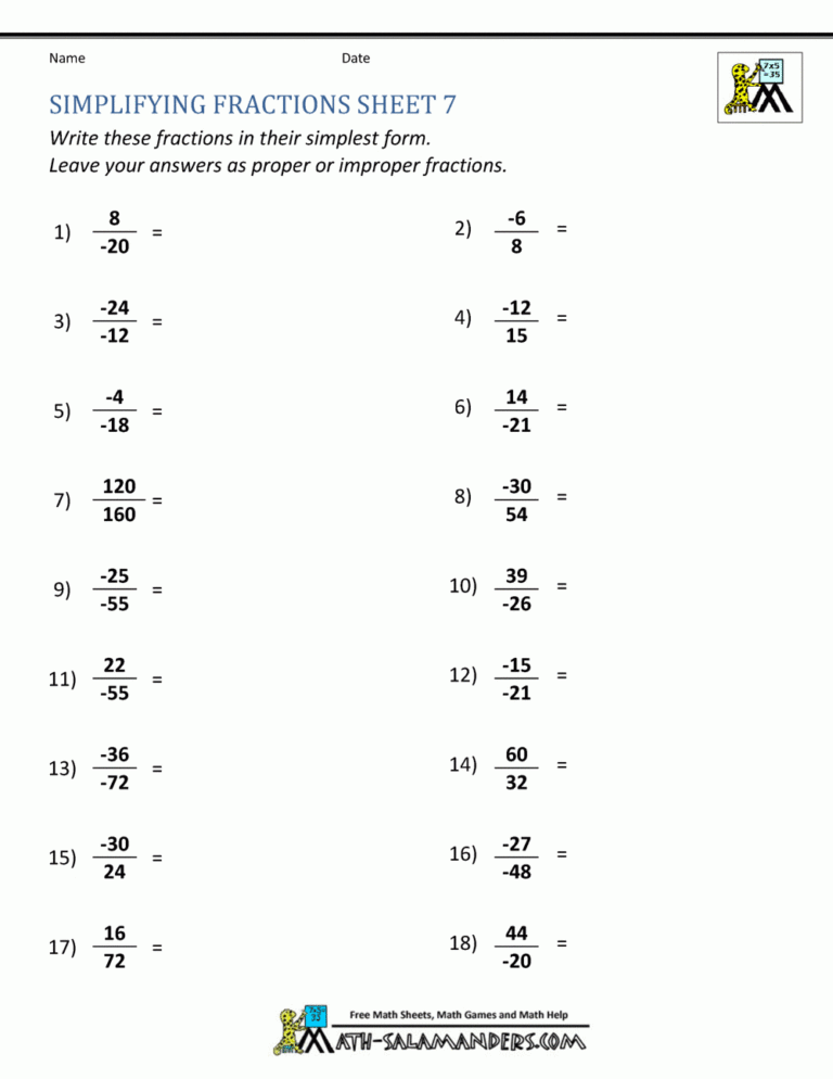 Simplifying Fractions Worksheet