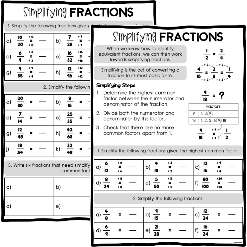 simplifying fractions worksheet