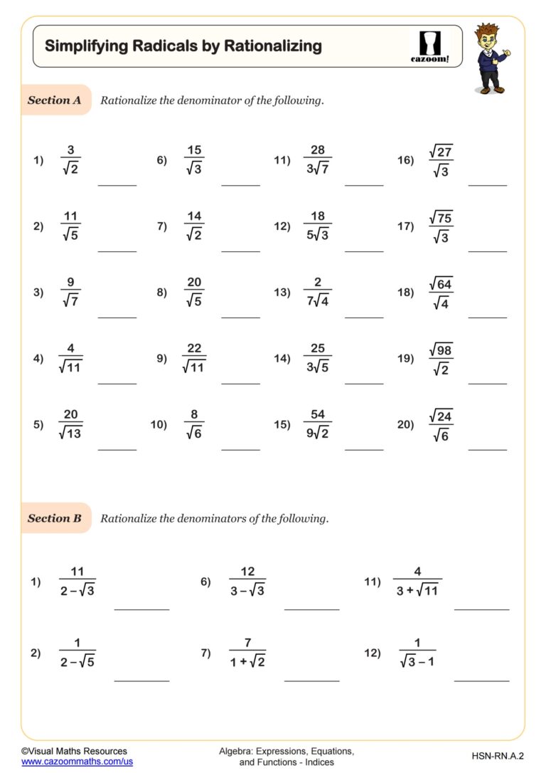 Simplifying Radicals By Rationalizing Worksheet PDF Printable Algebra Worksheet Cazoom Math