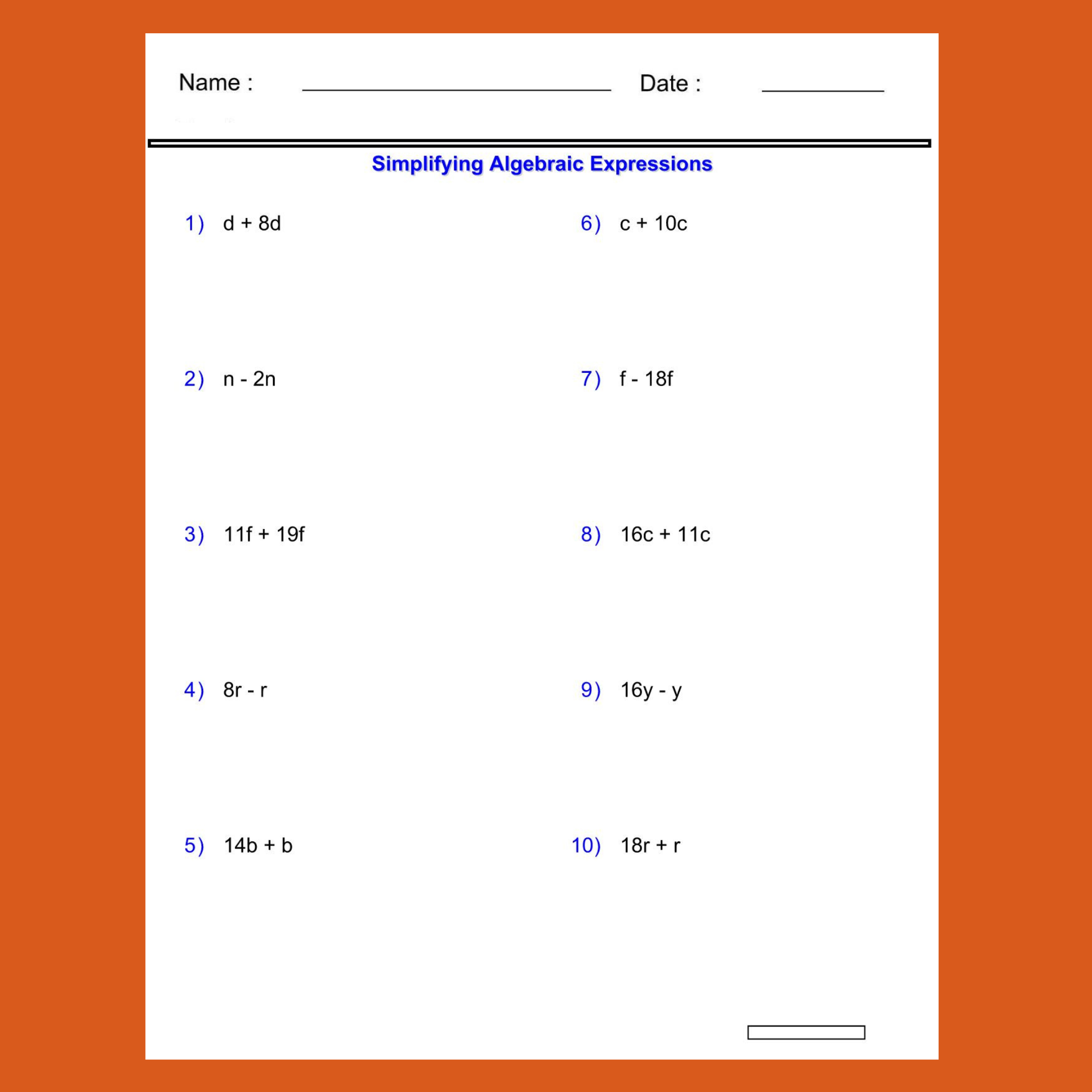 Simplifying Variables Worksheets Addition And Subtraction 2 Terms Algebraic Made By Teachers