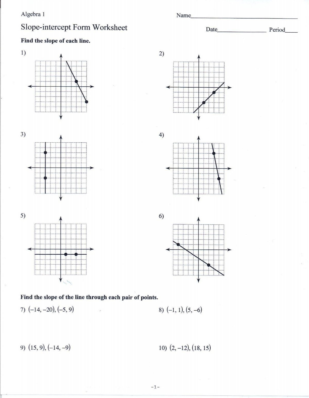 Slope intercept Form Worksheet Date Period Slope intercept Form Worksheet Date Period