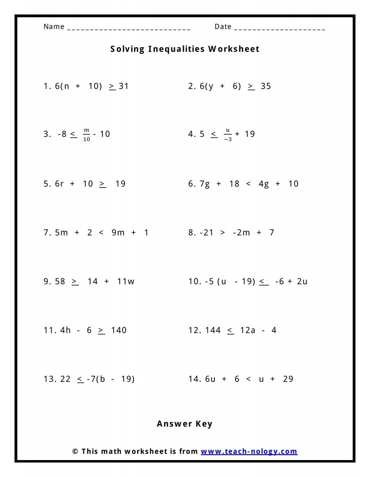 Solving Inequalities Worksheet Teach nology Solving Inequalities Worksheet Teach nology