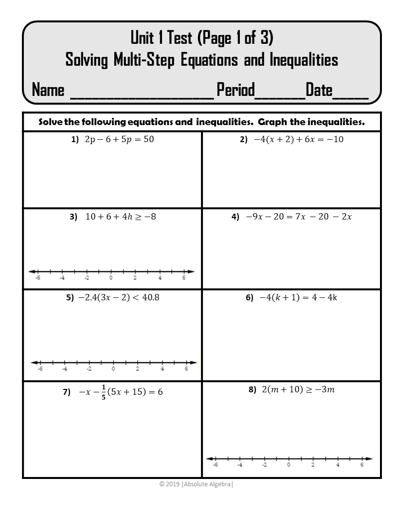 Solving Multi Step Equations And Inequalities Quiz Review Test Editable U1 Absolute Algebra Solving Multi Step Equations And Inequalities Quiz Review Test Editable U1 Absolute Algebra