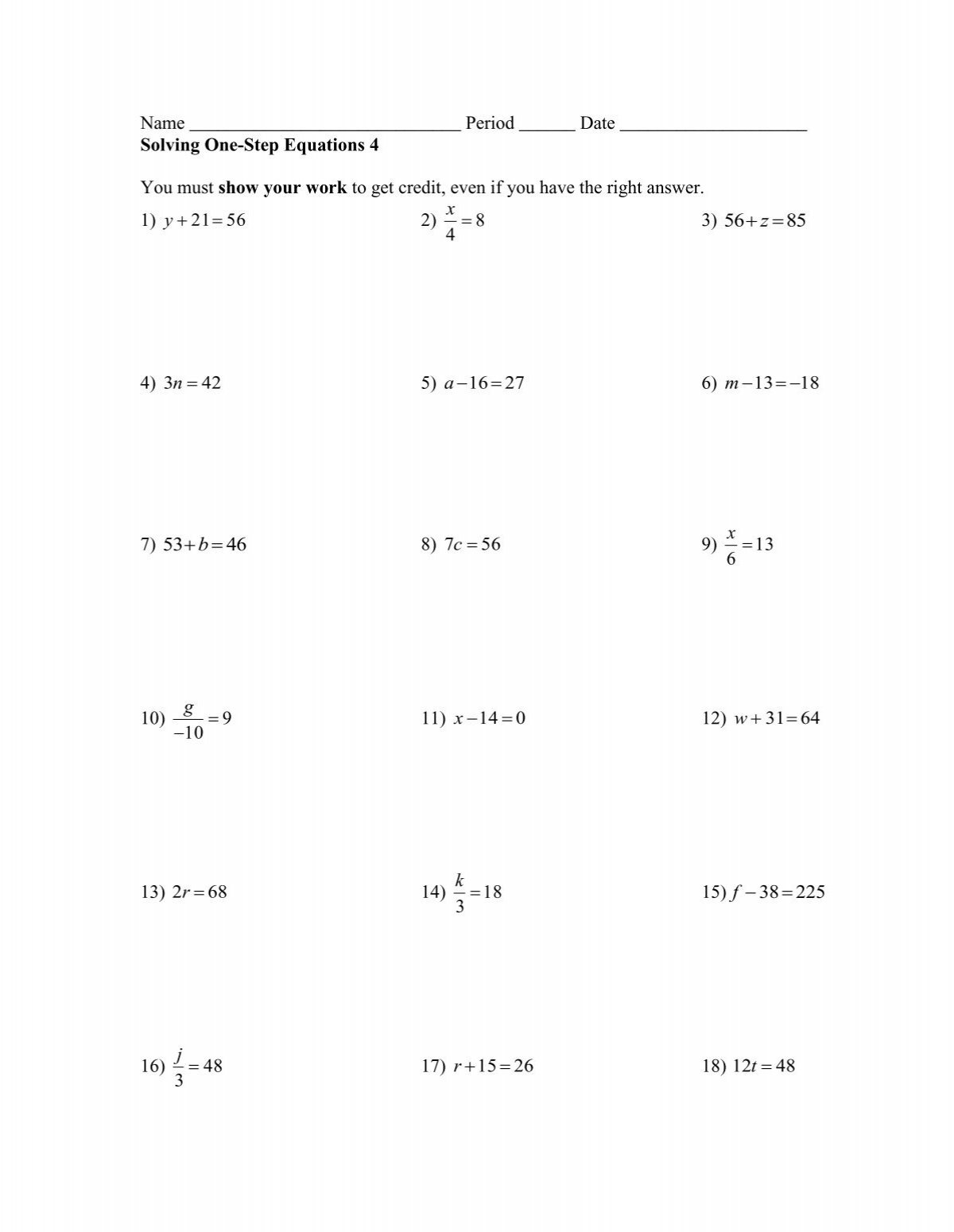 Solving One Step Equations Worksheet The McNabbs