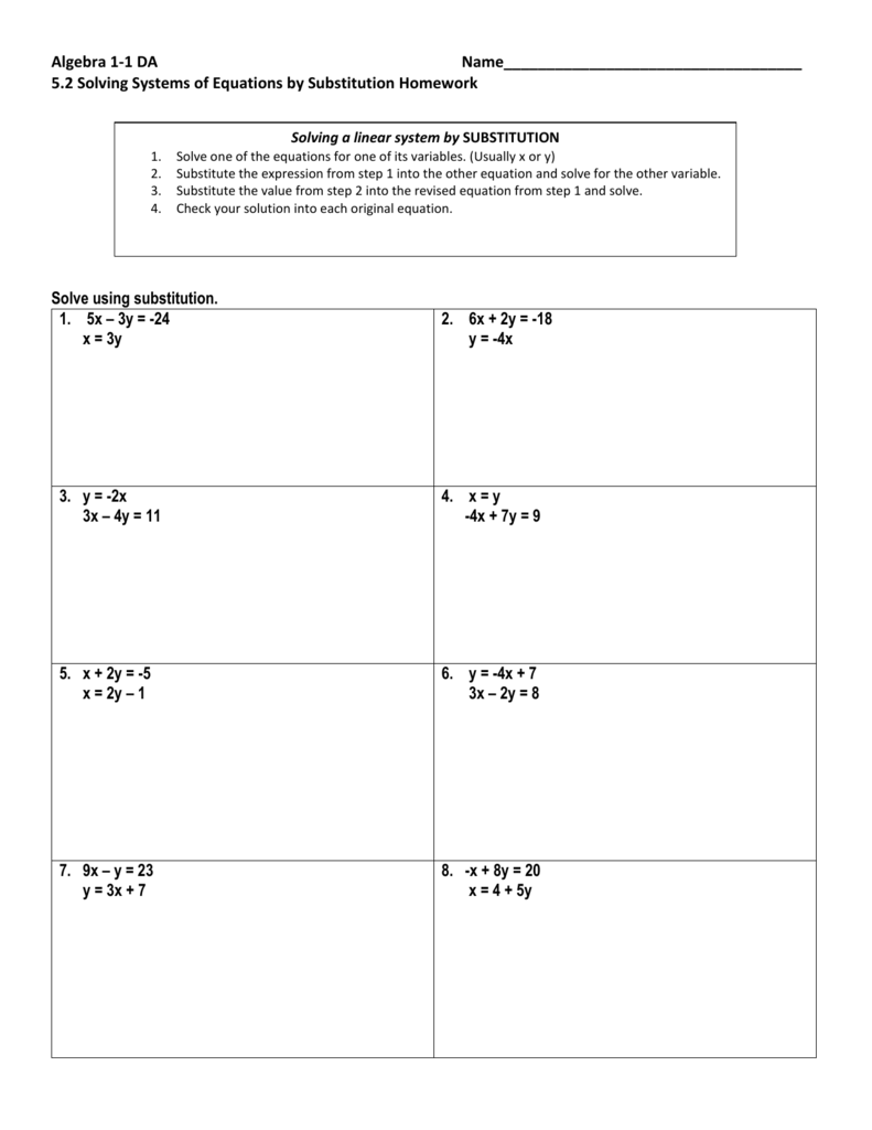 Solving Systems Of Equations By Substitution Homework