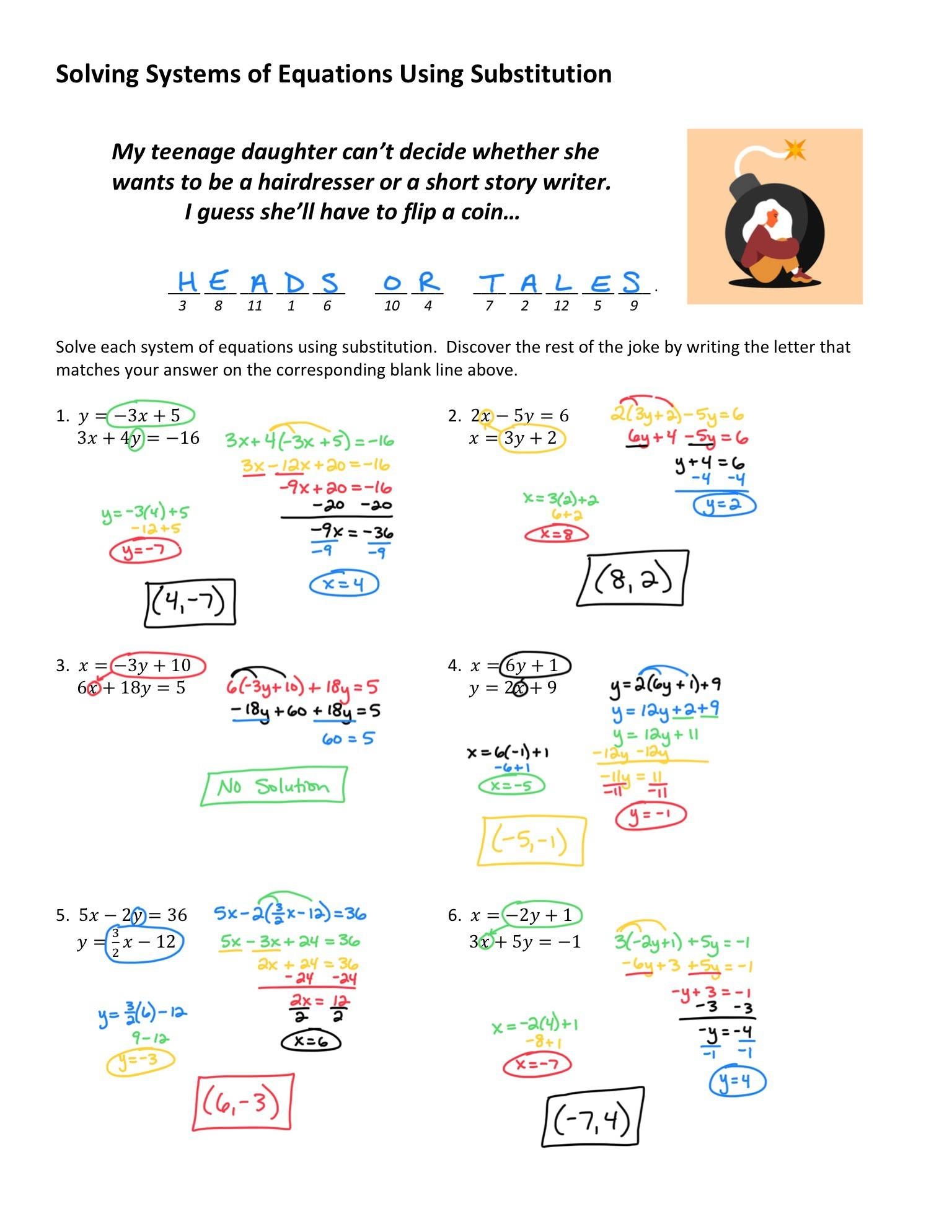 Solving Systems Of Equations Using Substitution Joke Worksheet 6 With Answer Key