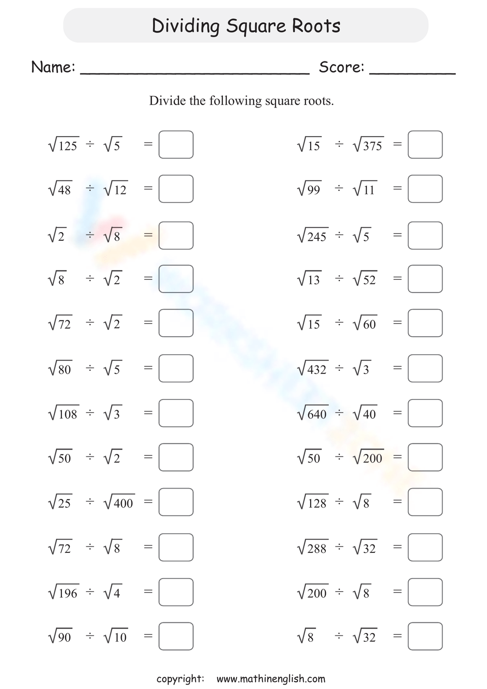 square root worksheets