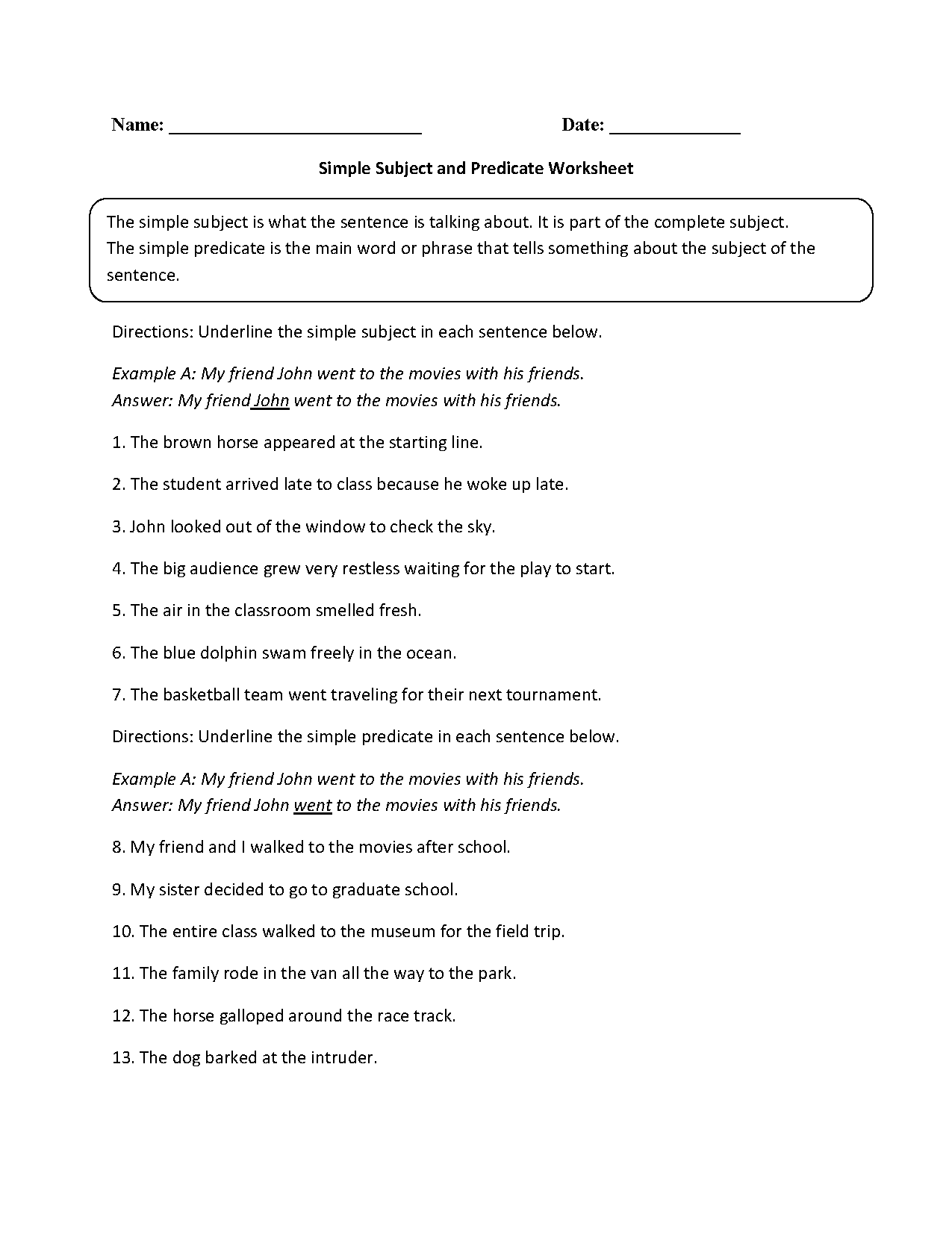 Subject And Predicate Worksheets Simple Subject And Predicate Worksheet Subject And Predicate Worksheets Simple Subject And Predicate Worksheet