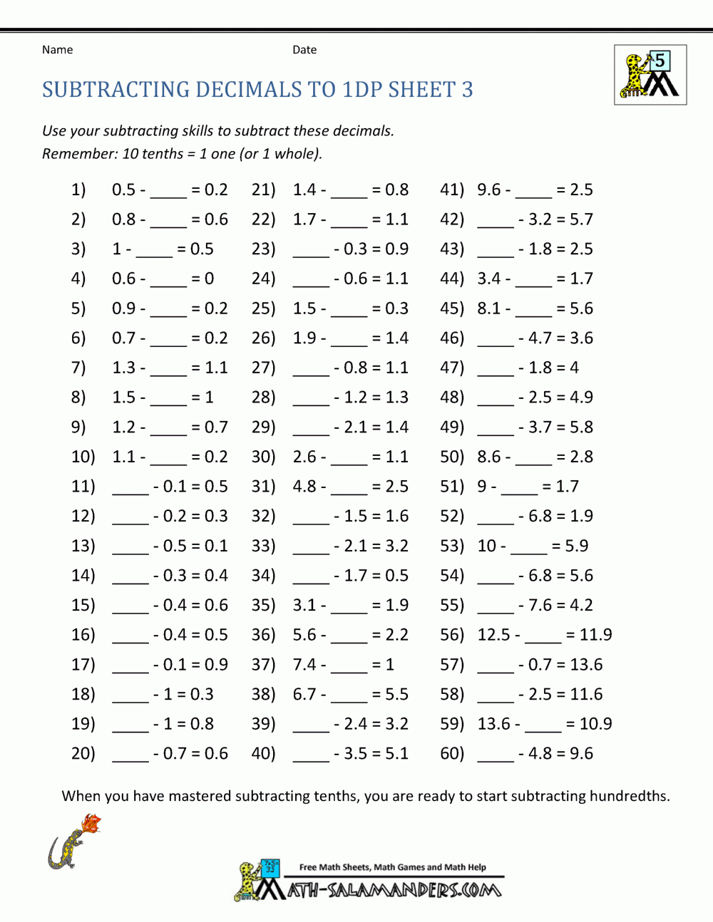 Subtracting Decimals Worksheet