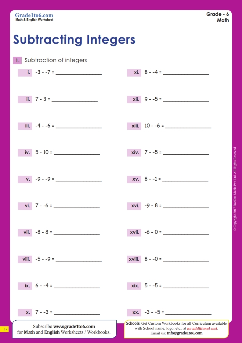 subtracting integers worksheet