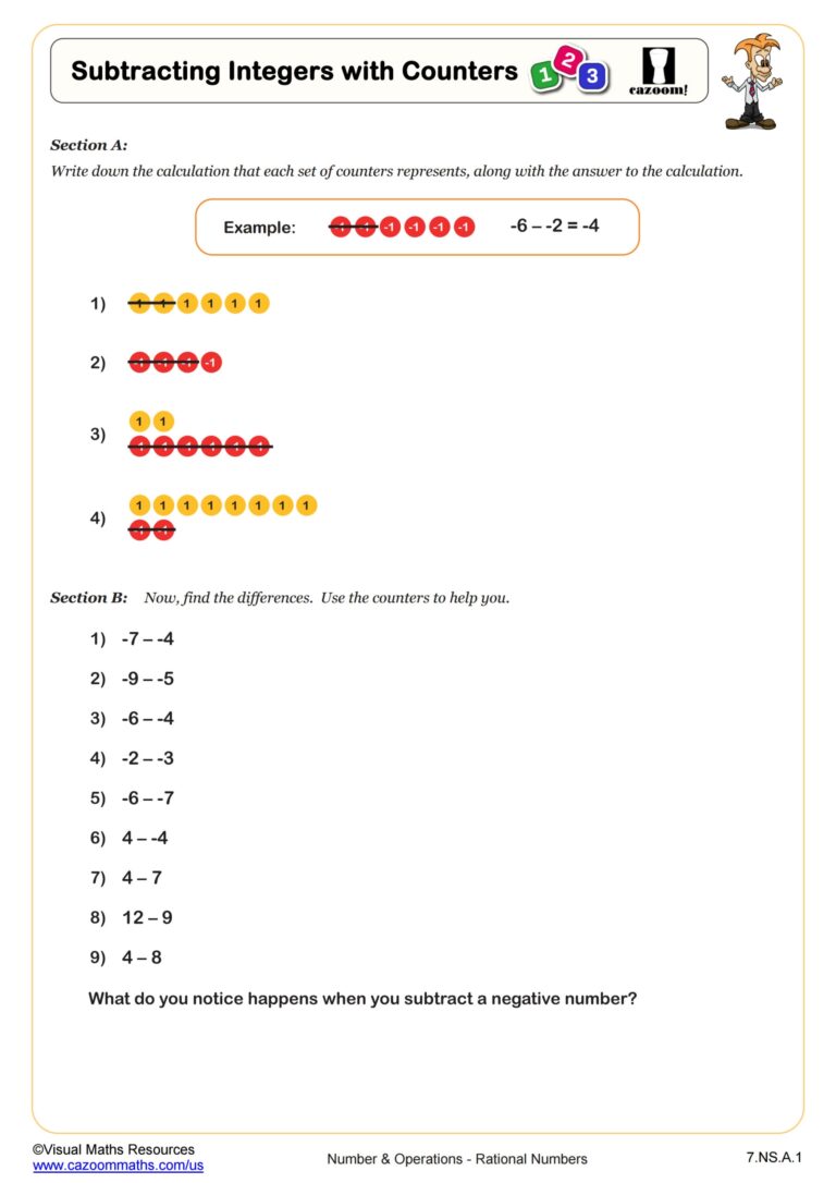 Subtracting Integers With Counters Worksheet Fun And Engaging 7th Grade PDF Worksheets Cazoom Math