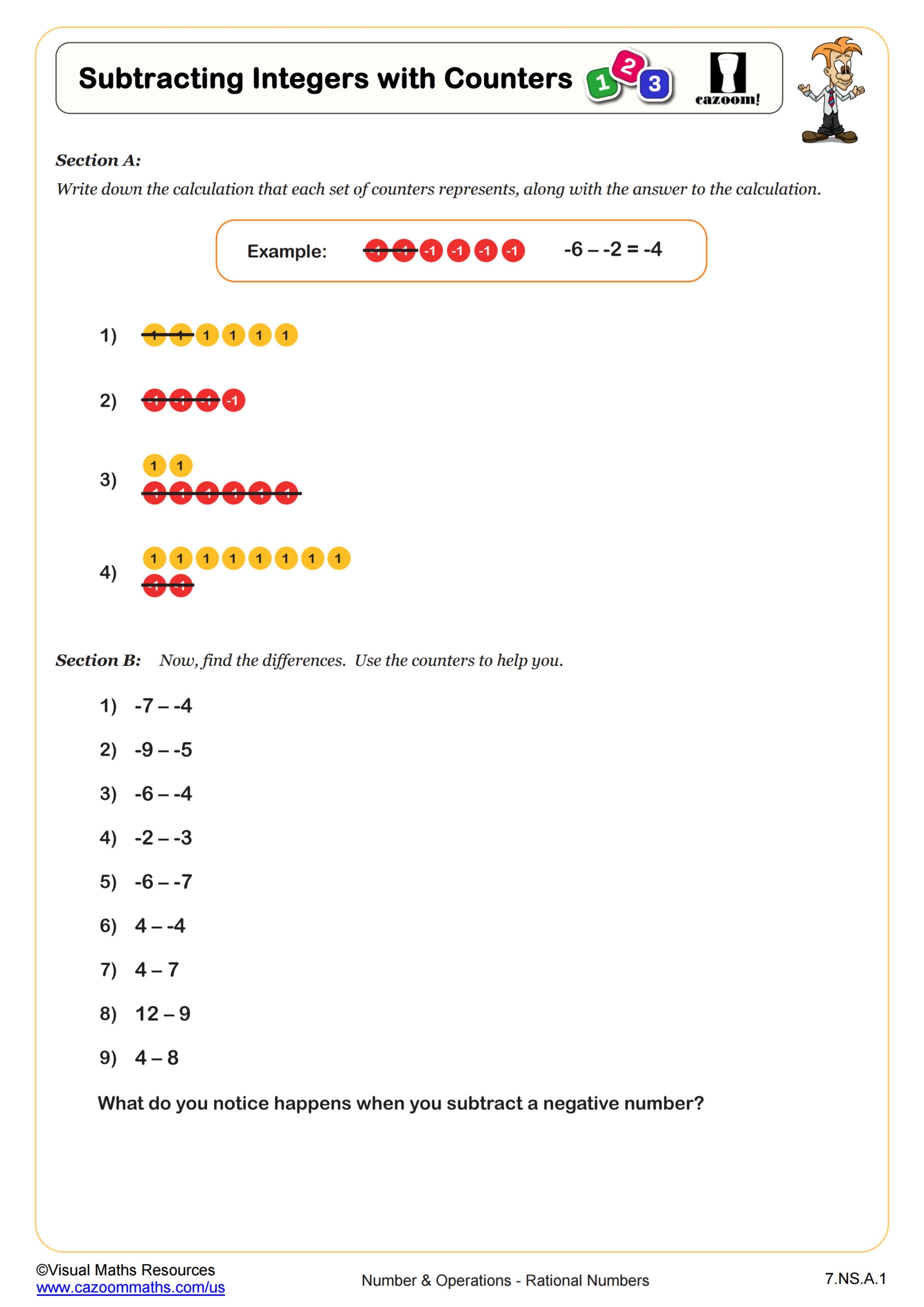 Subtracting Integers With Counters Worksheet Fun And Engaging 7th Grade PDF Worksheets Cazoom Math