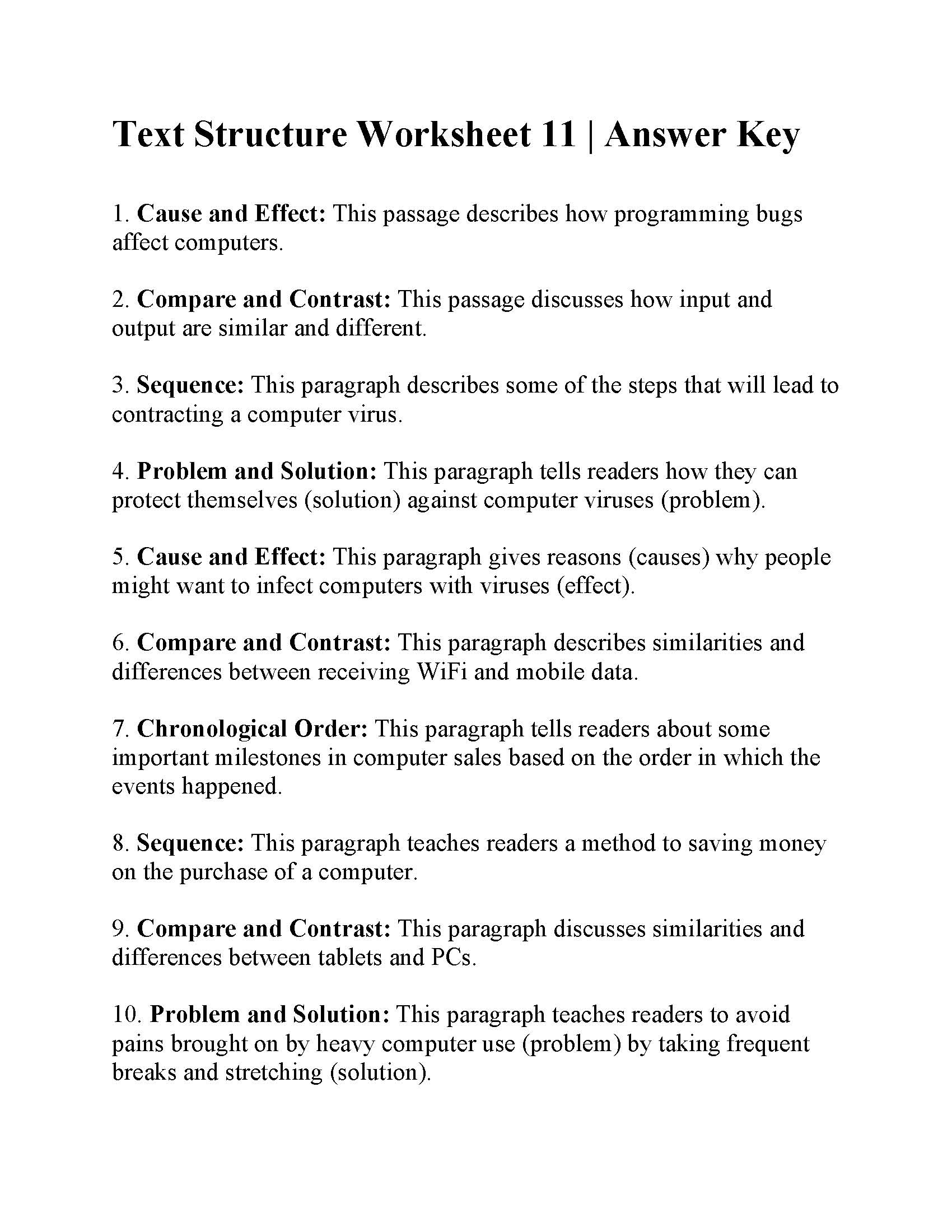 Text Structure Worksheet 11 Answers