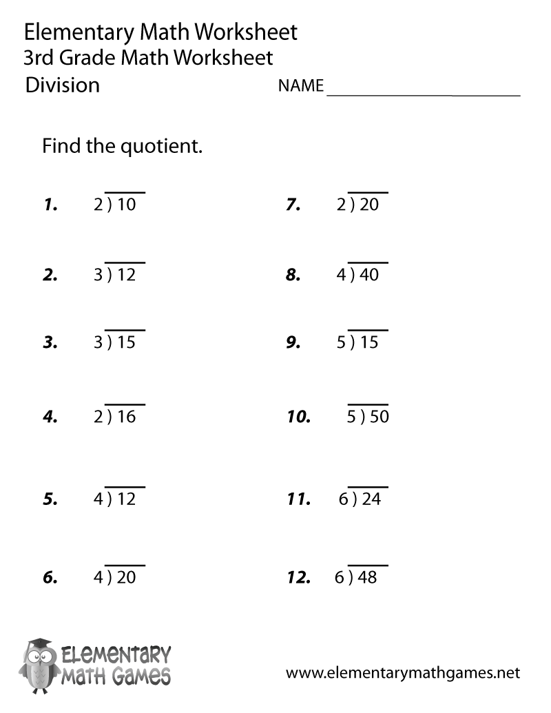 Third Grade Division Worksheet Third Grade Division Worksheet