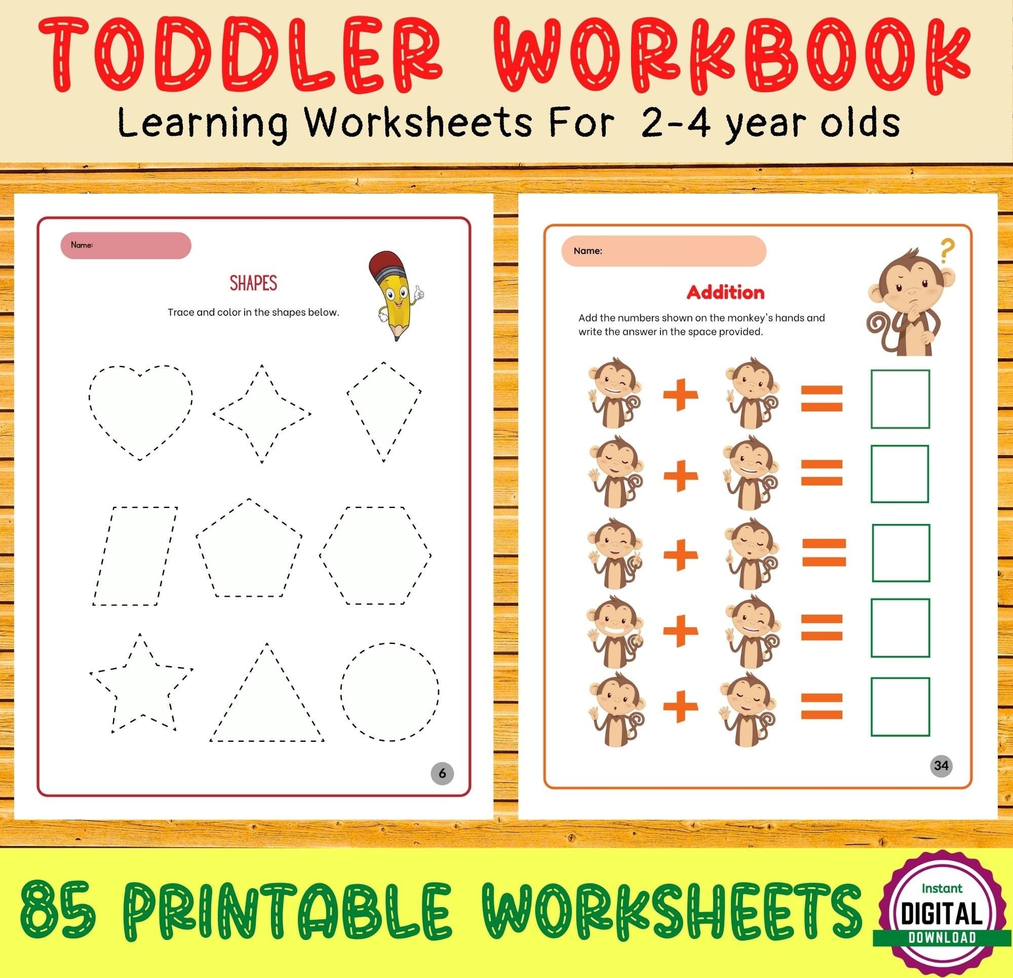 TODDLER WORKBOOK 85 Printable Worksheets Kids Activities Preschool Learning Alphabet Shapes Tracing Numbers Colors 2 4 Year Old Etsy
