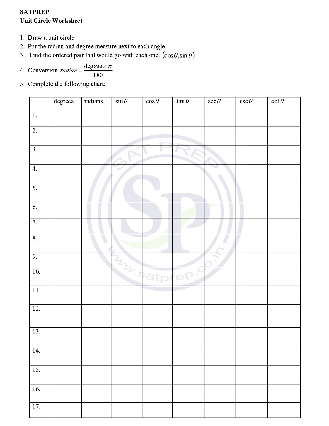 unit circle worksheet