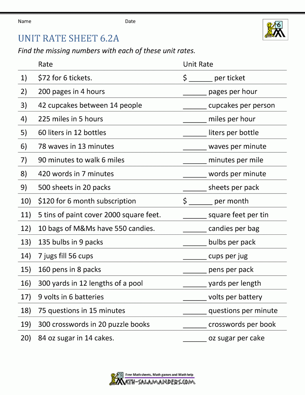 Unit Rate Problems 6th Grade Worksheets Library