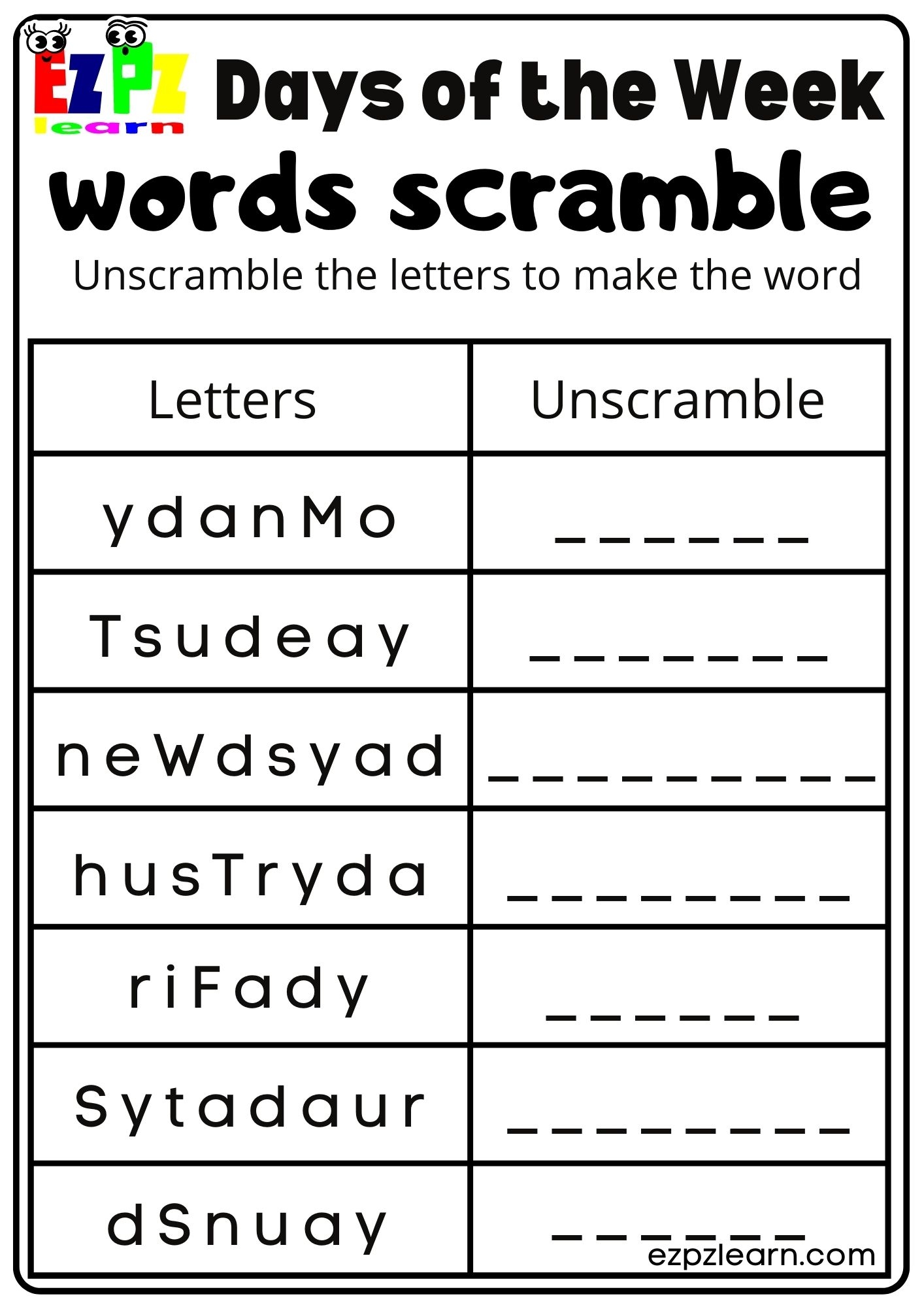 Word Scramble Days Of The Week Kids Activity Ezpzlearn