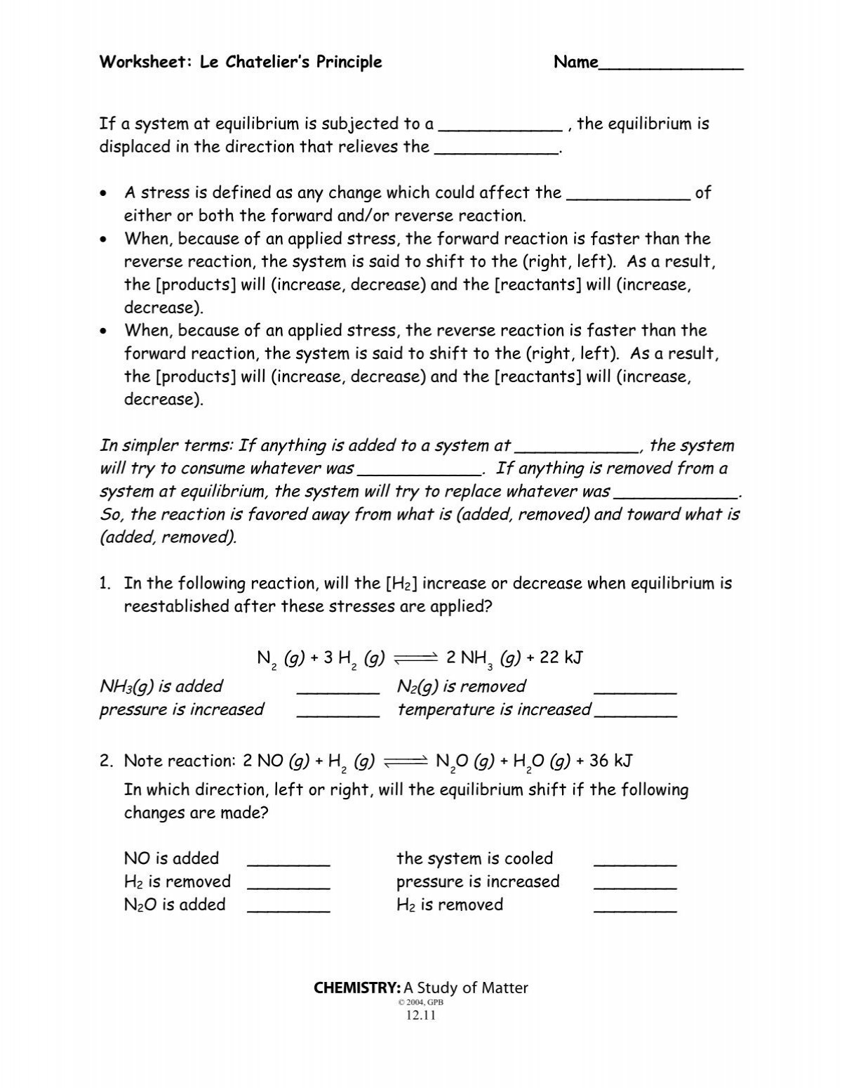 Worksheet Le Chatelier s Principle Name Worksheet Le Chatelier s Principle Name