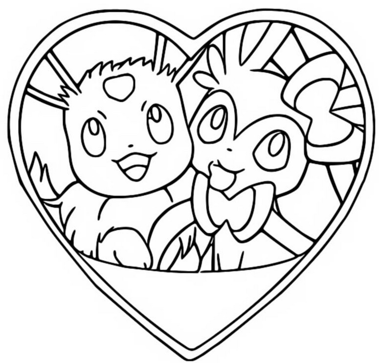 Printable Valentine's Day coloring page featuring Eevee from Pokémon for kids to color and enjoy.