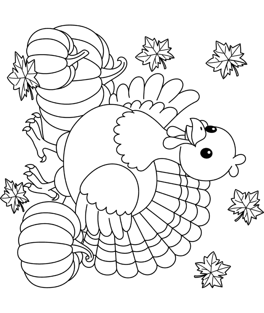 Coloring page of a cartoon turkey with a festive Thanksgiving theme for kids.